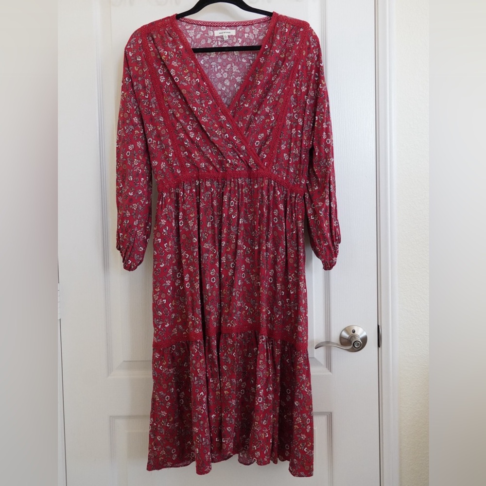 Max Studio Floral Brick Red Rust Vneck Ruffle Peasant Midi Dress - Picture 1 of 4
